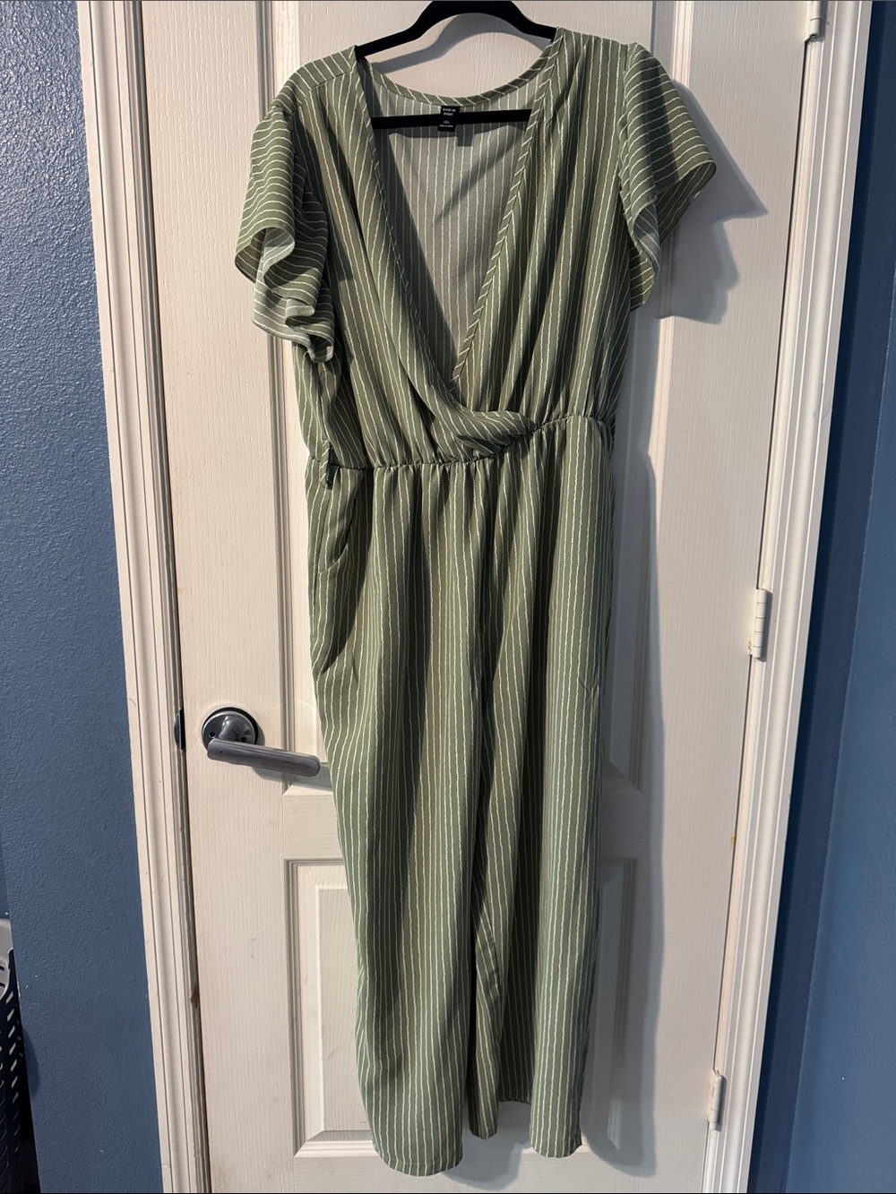SHEIN Olive Green Stripe Wrap Jumpsuit